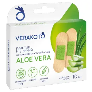 Лейкопластир VERAKOTO мед. ткан. осн. еластичний Алое вера 25мм*72мм №10 Лейкопластир VERAKOTO мед. ткан. осн. еластичний Алое вера 25мм*72мм №10
