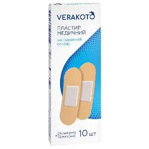 Лейкопластир VERAKOTO мед. бактер. ткан. осн. 25мм*72мм №10 Лейкопластир VERAKOTO мед. бактер. ткан. осн. 25мм*72мм №10