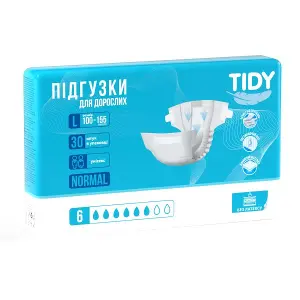 ПОДГУЗНИКИ ДЛЯ ВЗРОСЛЫХ TIDY NORMAL РАЗМЕР L (100 - 155 СМ) №30 ПОДГУЗНИКИ ДЛЯ ВЗРОСЛЫХ TIDY NORMAL РАЗМЕР L (100 - 155 СМ) №30