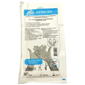 Рукавички Alexpharm (Алексфарм) хірургічні латексні неприпудрені стерильні розмір 7 1 пара Рукавички Alexpharm (Алексфарм) хірургічні латексні неприпудрені стерильні розмір 7 1 пара