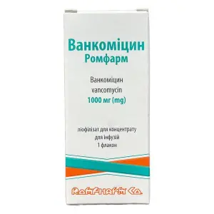 Ванкоміцин Ромфарм ліофілізат для розчину для інфузій 1000 мг флакон №1 Ванкоміцин Ромфарм ліофілізат для розчину для інфузій 1000 мг флакон №1
