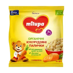 ПАЛИЧКИ КУКУРУДЗЯНІ ДЛЯ ДІТЕЙ MILUPA МОРКВА І ВІТАМІН B1 З 7 МІСЯЦІВ 20 Г ПАЛИЧКИ КУКУРУДЗЯНІ ДЛЯ ДІТЕЙ MILUPA МОРКВА І ВІТАМІН B1 З 7 МІСЯЦІВ 20 Г