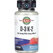 Вітаміни Д-3 та K-2 KAL (Кал) Vitamin D-3 K-2 1000 МО/45 мкг MK-7 зі смаком червоної малини мікротаблетки 60 шт